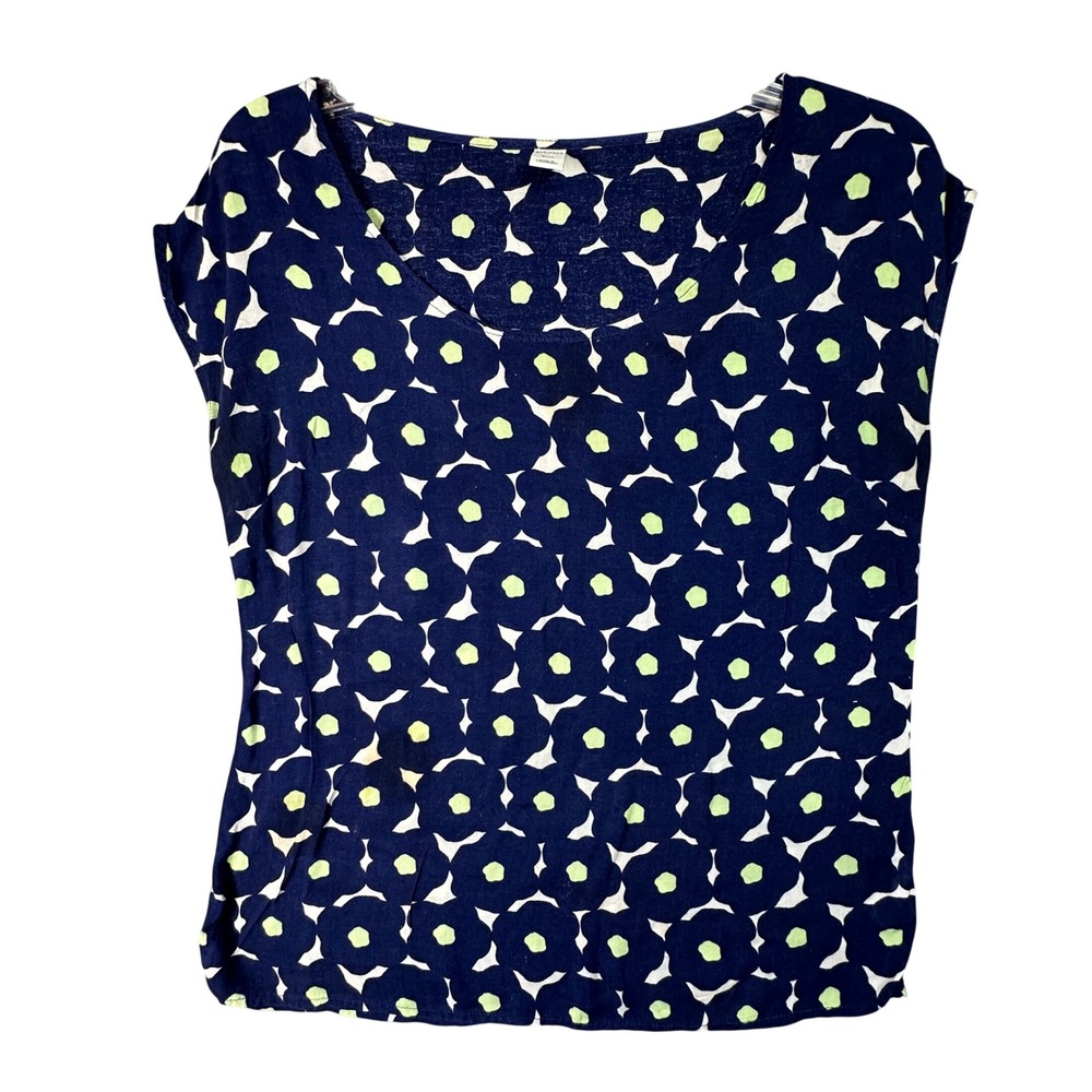 Old Navy Floral Short Sleeve Blouse Retro Mod Casual Small Navy Blue Lime Green